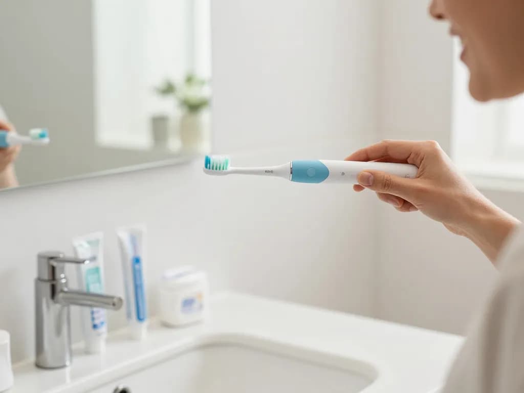 Person using a Laifen electric toothbrush in a stylish bathroom, promoting effective oral hygiene.