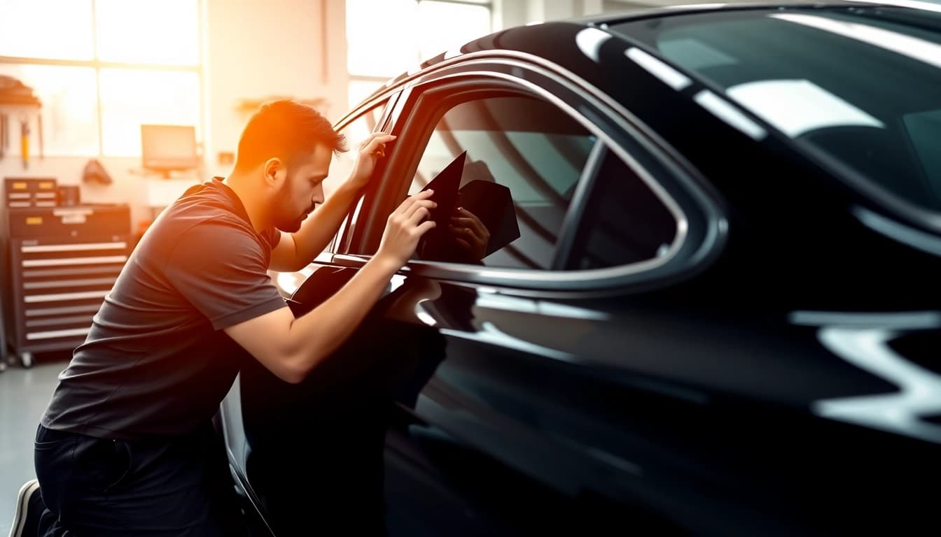 Install auto window tint near me with precision shown by a skilled technician.