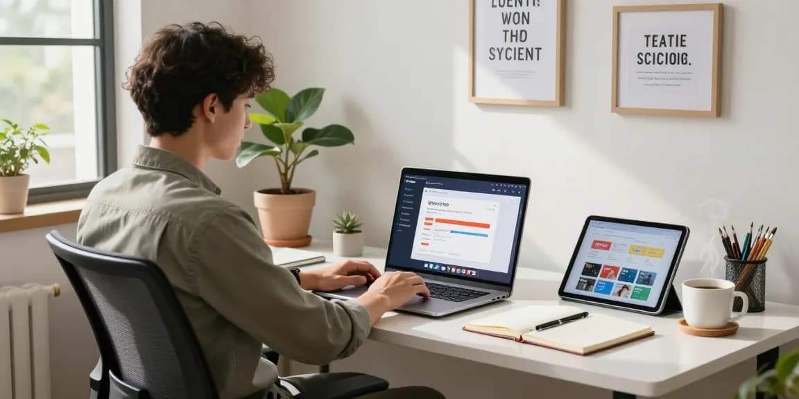 WPS Download interface displayed on a laptop in a modern home office setting with a young professional