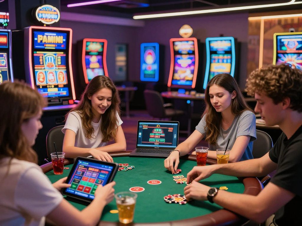 Gambleonline scene featuring diverse players enjoying online gambling activities in a vibrant and stylish setting.