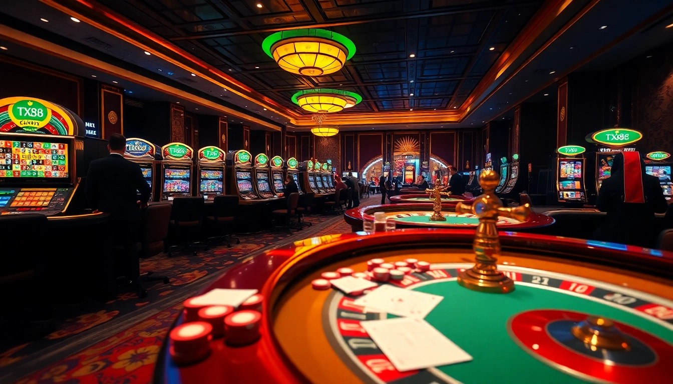 Experience high-stakes gambling at TX88 casino with vibrant tables and slot machines.
