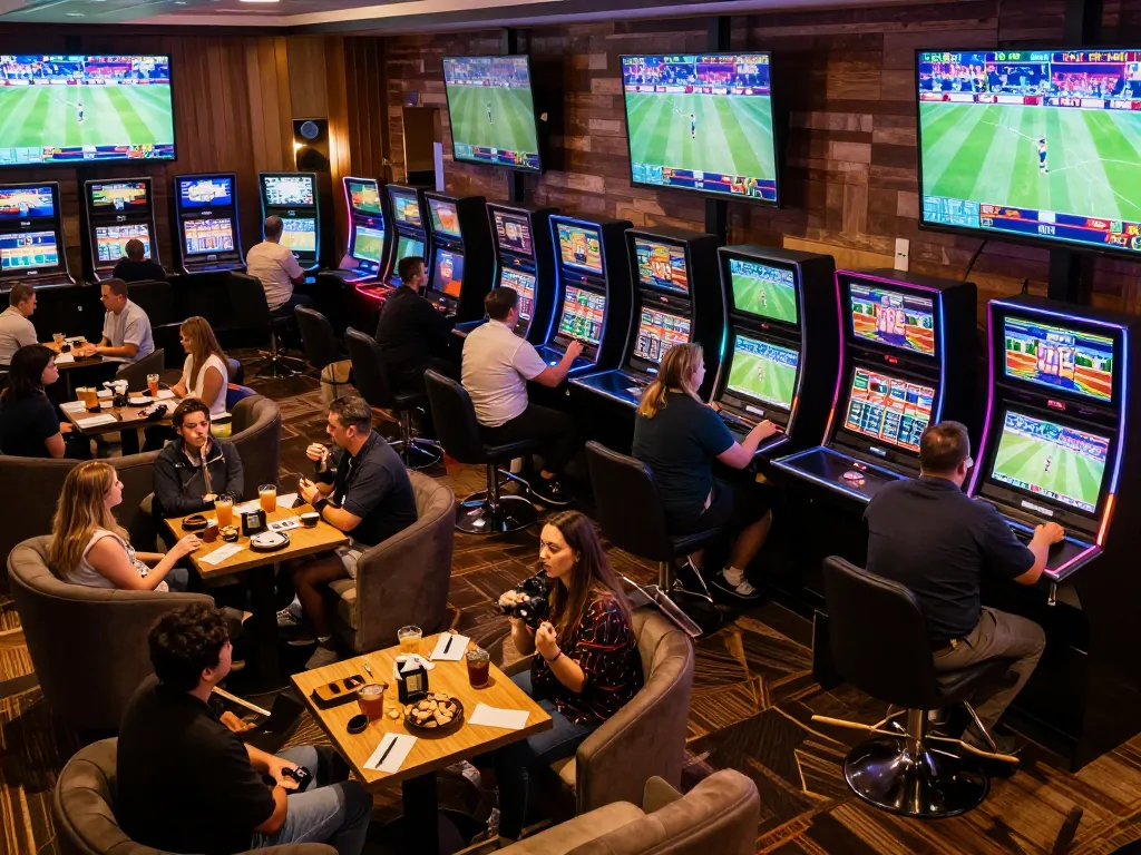 Exciting scene of sports betting at a casino, showcasing 78wim fans engaging with screens and placing bets.