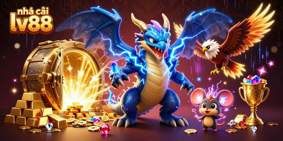 Experience the thrill with nhà cái lv88, showcasing a vibrant casino scene with engaging characters and treasures.
