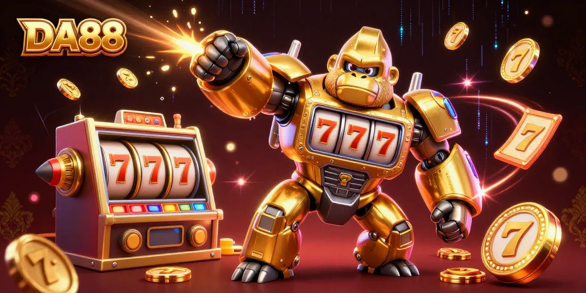 Experience thrilling wins at DA88 with a golden gorilla mech celebrating jackpots and exciting slot games.