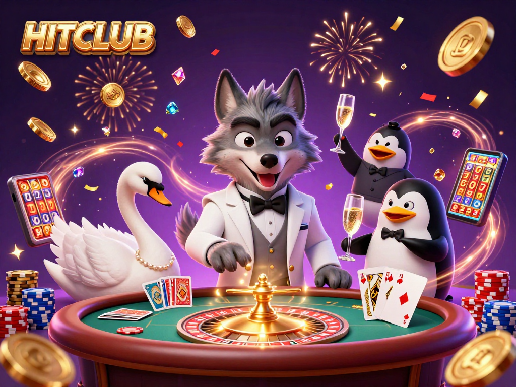 Experience thrilling games at HITCLUB while the wolf and elegant swan deal cards amidst shimmering casino elements.