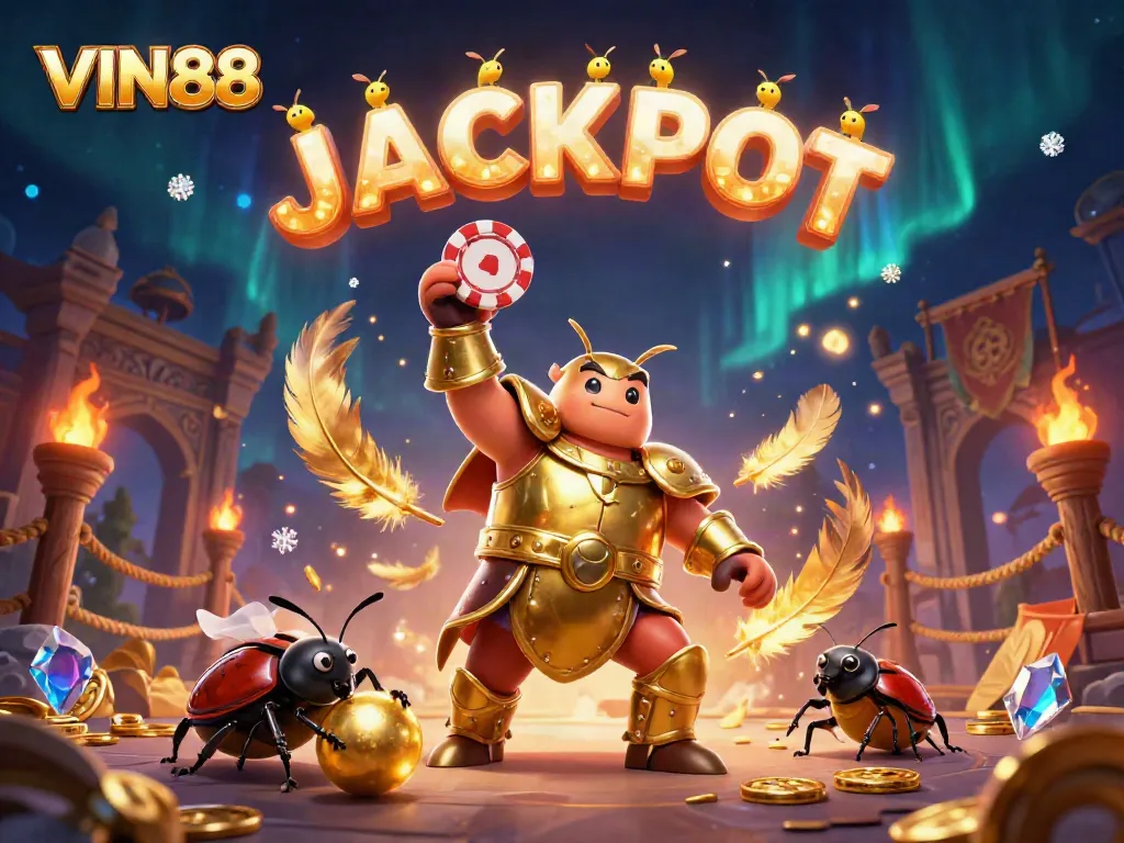 VIN88's cartoon beetle champions lifting poker chips celebrate a casino victory surrounded by gold.