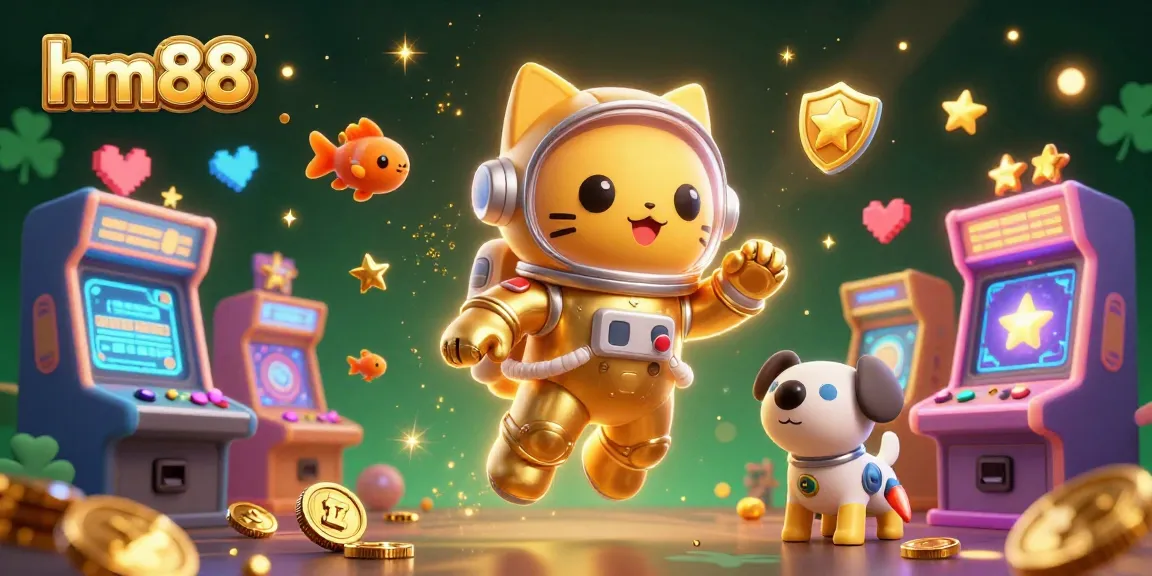 Win big with hm88 in a vibrant online casino featuring an astronaut cat, a robot dog, and floating game elements.