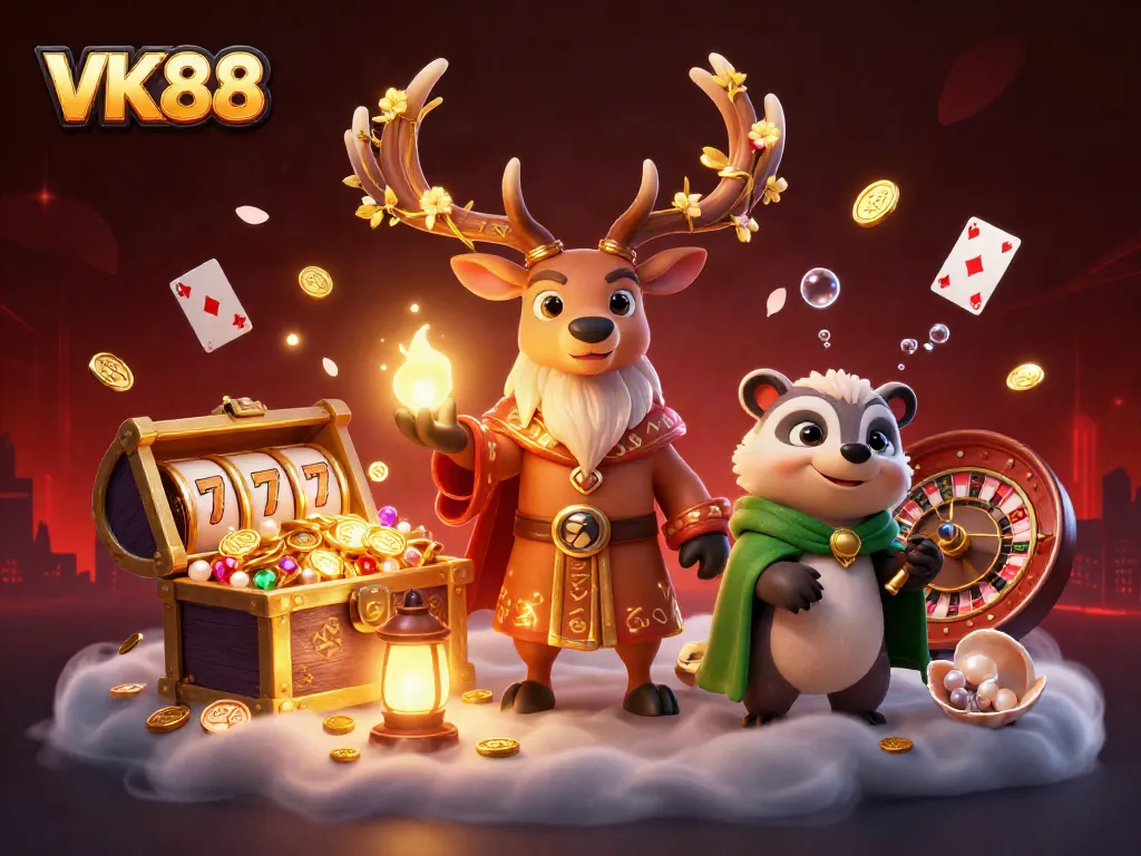 Engage in thrilling VK88 gameplay with a Celtic druid stag and magical elements in this vibrant casino scene.