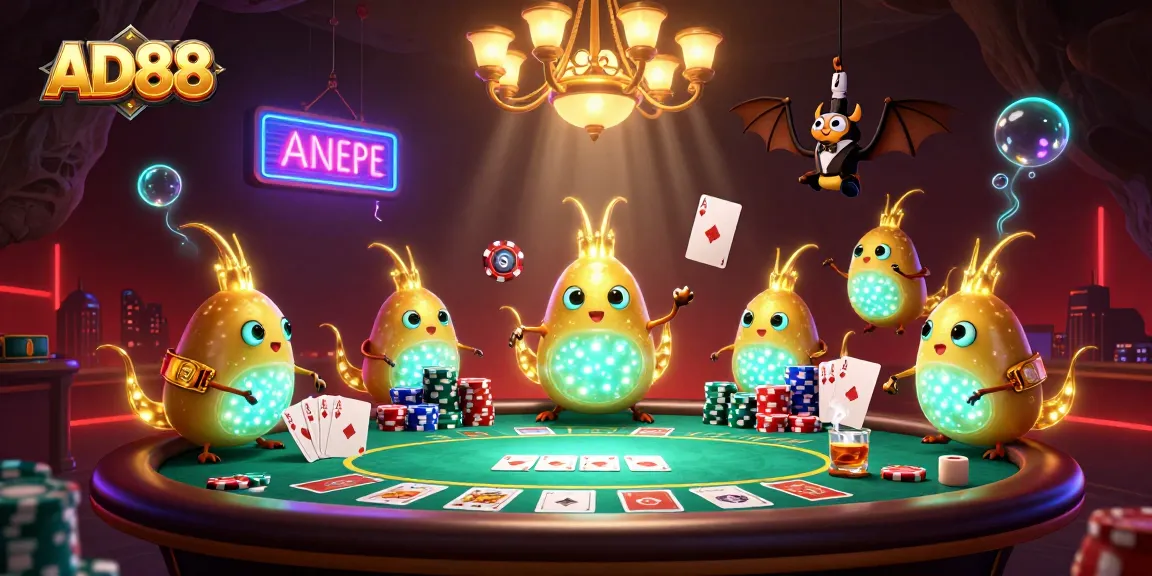 Experience thrilling poker action at AD88 casino with vibrant glowworms and bioluminescent effects.