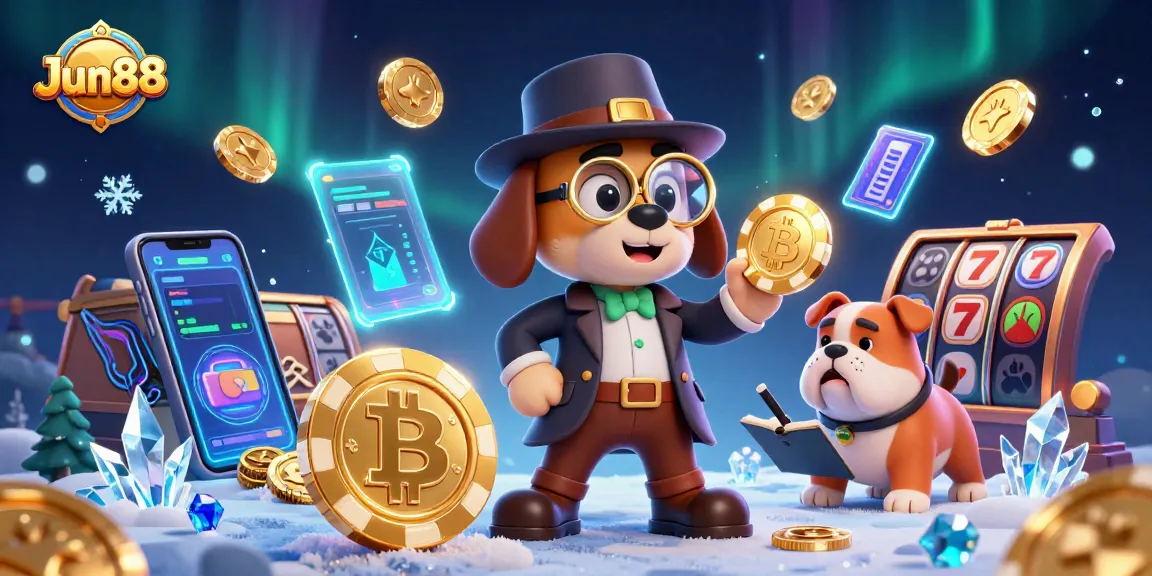 Engage with Jun88 as a detective uncovers hidden prizes amidst casino treasures, featuring poker chips and crypto elements.