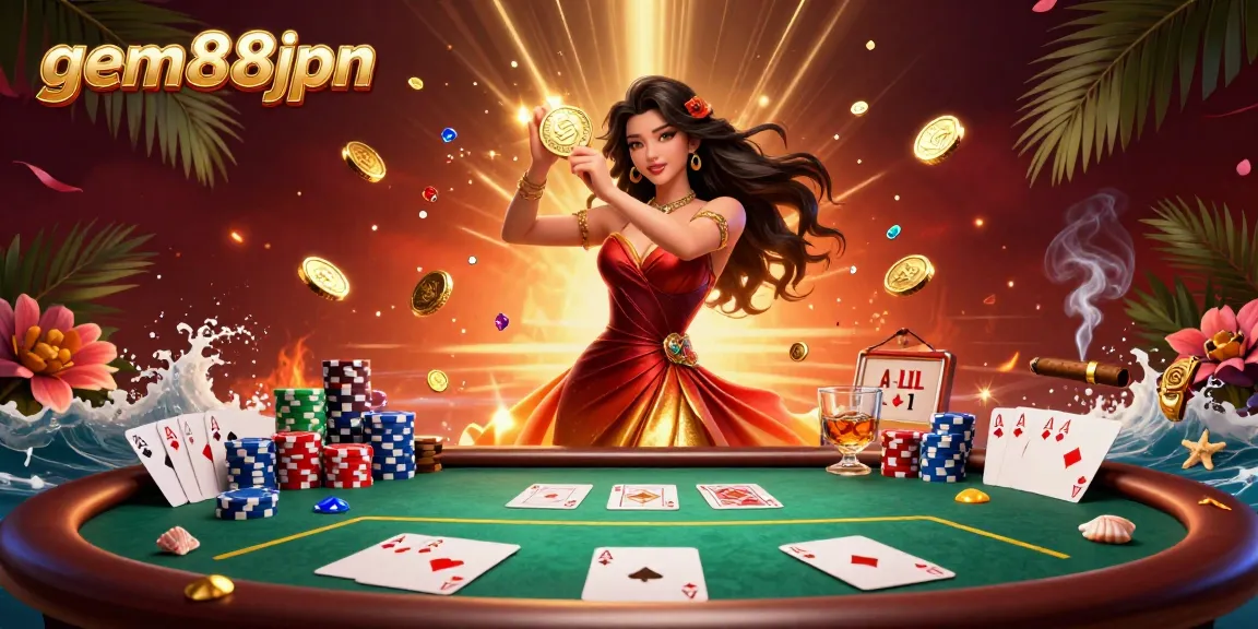 Engage with gem88jpn's excitement as a stunning woman showcases golden treasures in a vibrant casino scene.