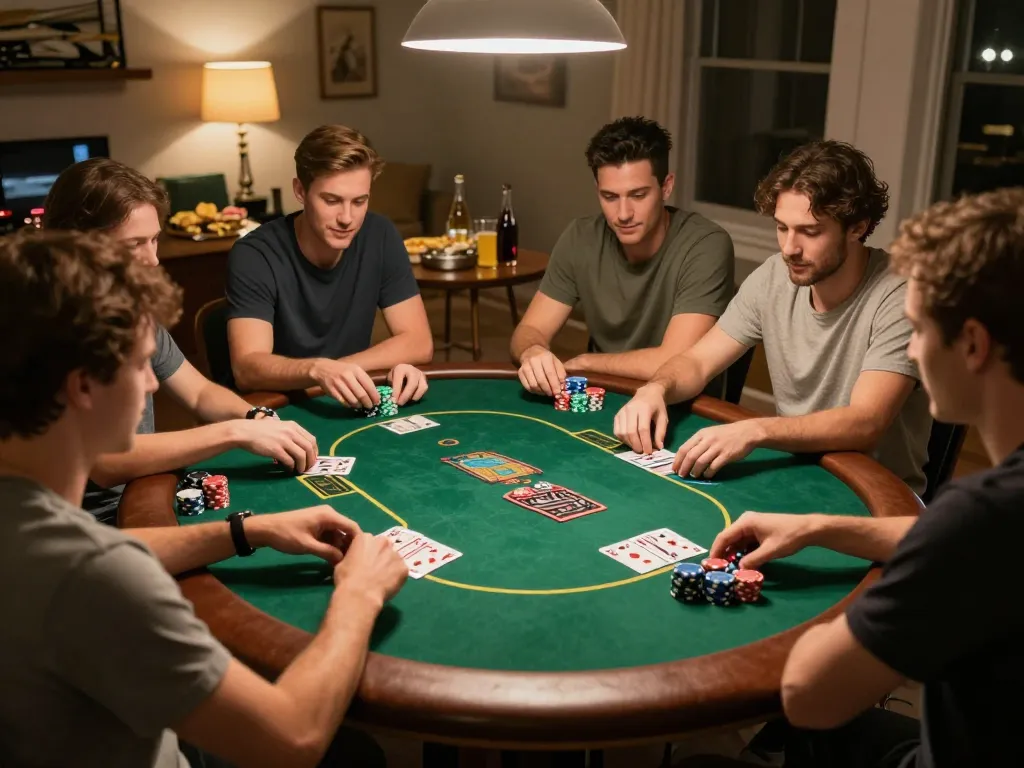 Engaged friends strategizing in poker game at home, showcasing responsible gaming practices with site australia features.