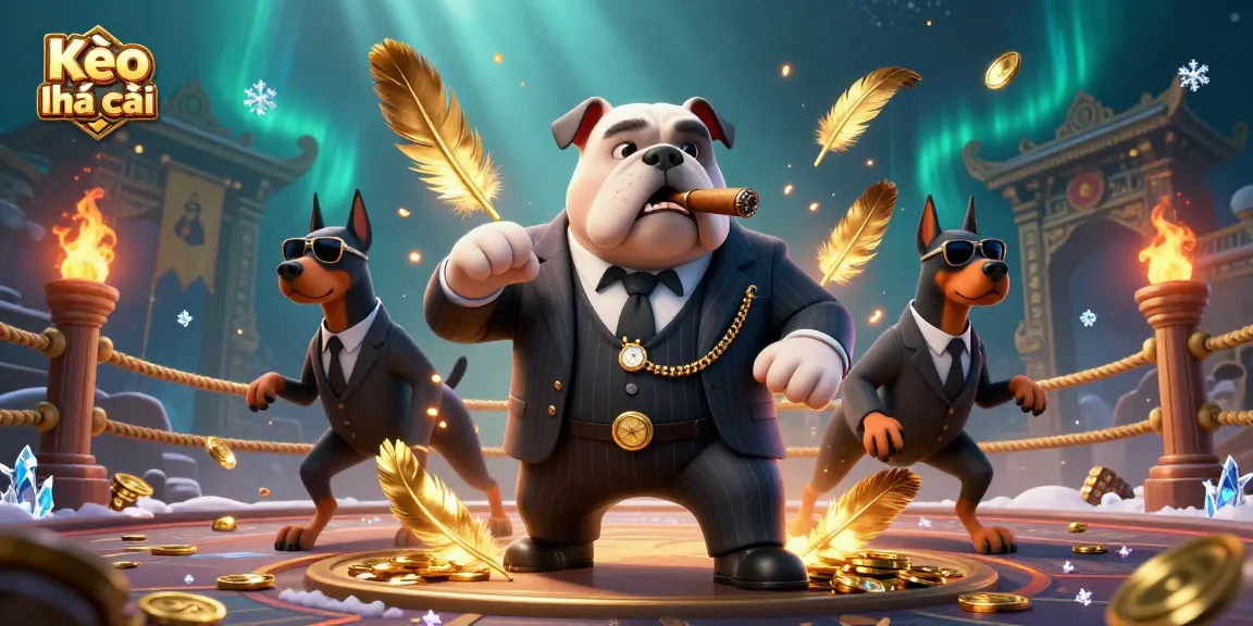 Kèo nhà cái betting scene featuring a cartoon bulldog boss with bodyguard Dobermans and gaming elements