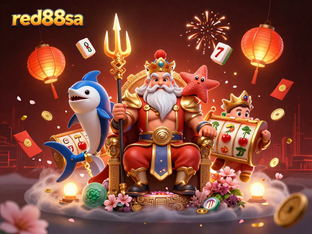 Experience the vibrant excitement of red88sa with this epic 3D casino scene featuring Neptune and dynamic game elements.