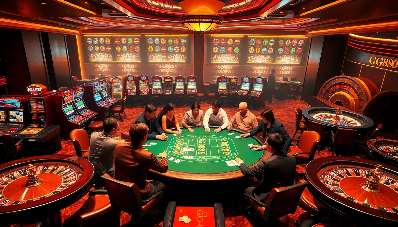 High-energy casino scene showcasing GG88 poker and slot games in a luxurious setting.
