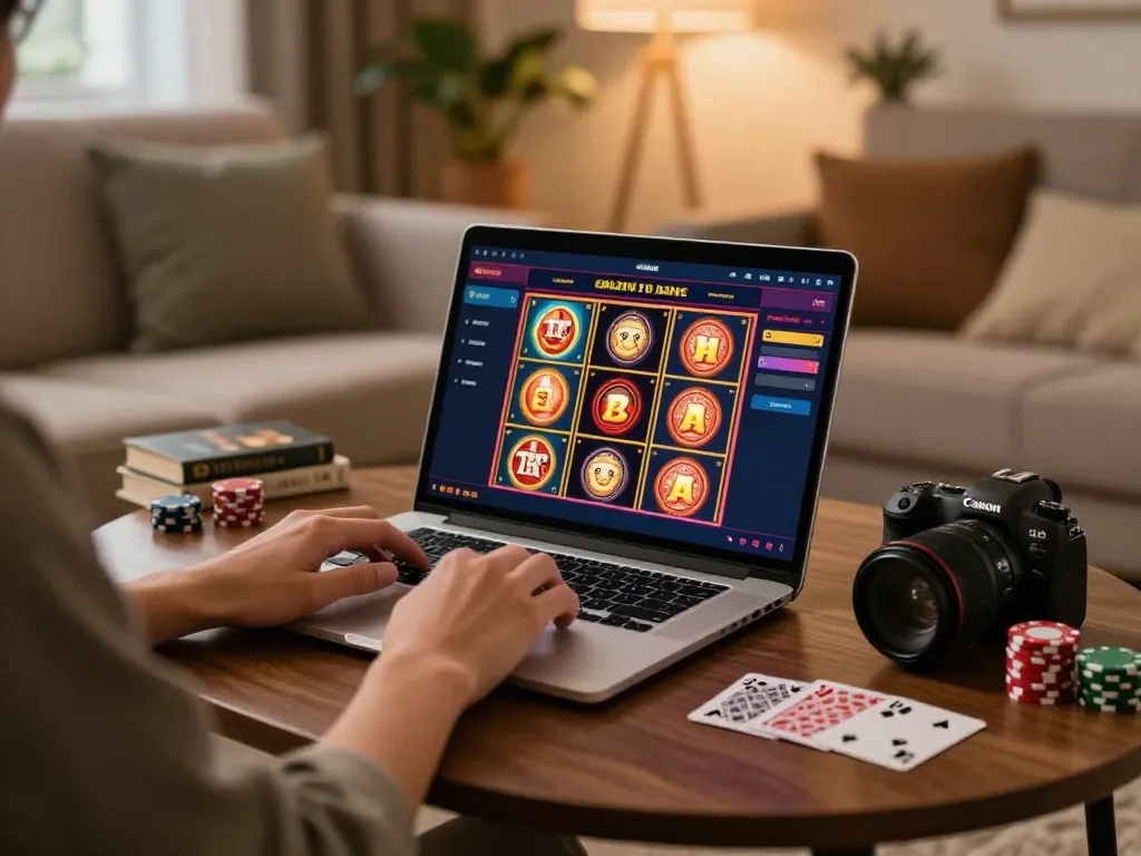 Player engaging in online casino gameplay at home, showcasing co88 gaming strategies with warm ambiance and gaming elements.