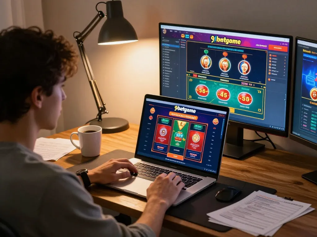 Person enjoying 9betgame online gaming on a laptop at home, showcasing strategic play environment.