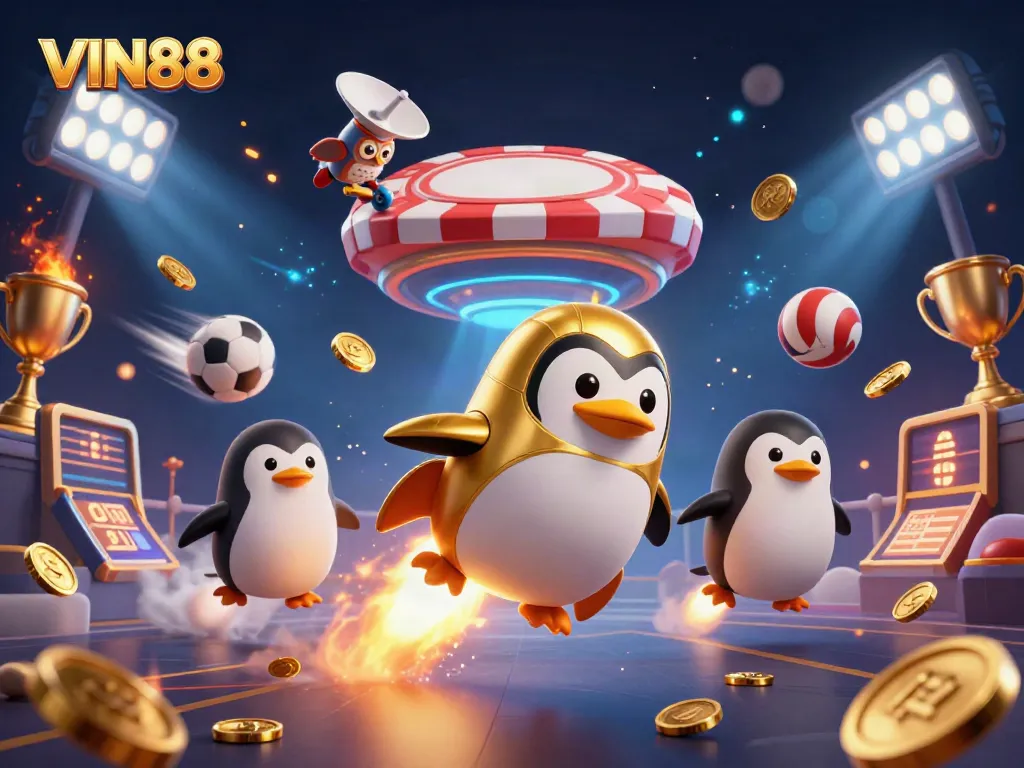 Play and win at VIN88 with a golden penguin zooming towards a vibrant casino.