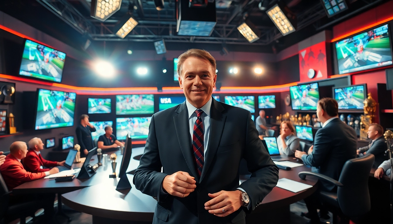 Engaging host presenting live Sports Broadcasting in a dynamic studio environment.