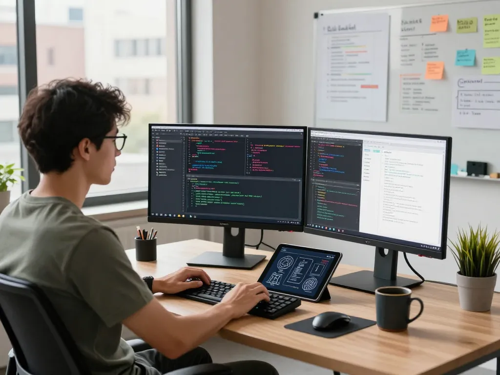 Software developer coding at a modern workstation showcasing https://thscrore.com/ in a vibrant tech environment