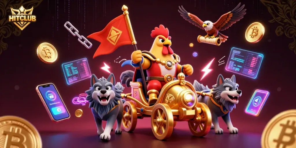 HITCLUB presents a dynamic scene showcasing gameplay with a rooster chariot champion in a vibrant casino-themed illustration.