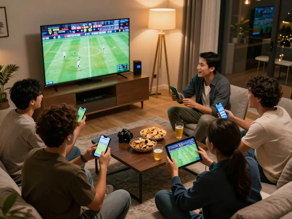 Friends actively betting on sports using the PH22 app during an exciting match in a cozy setting