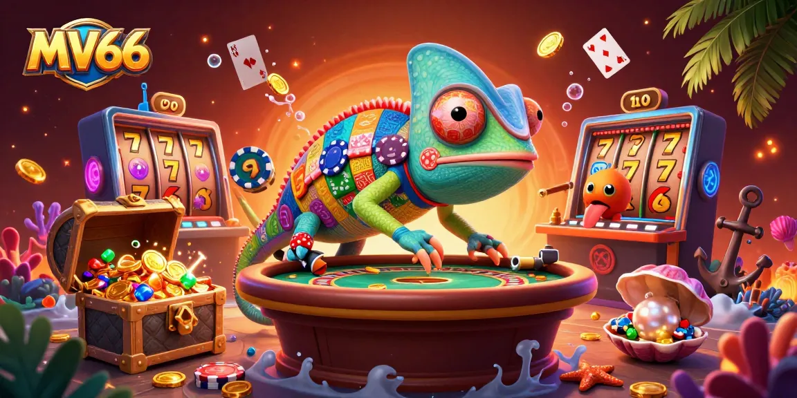Join MV66's vibrant gaming world with thrilling slots and a colorful chameleon casino owner.