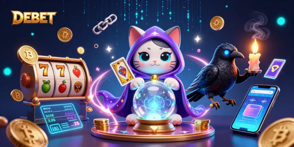 DEBET players engaging in thrilling slot games amidst mystic characters and crypto elements