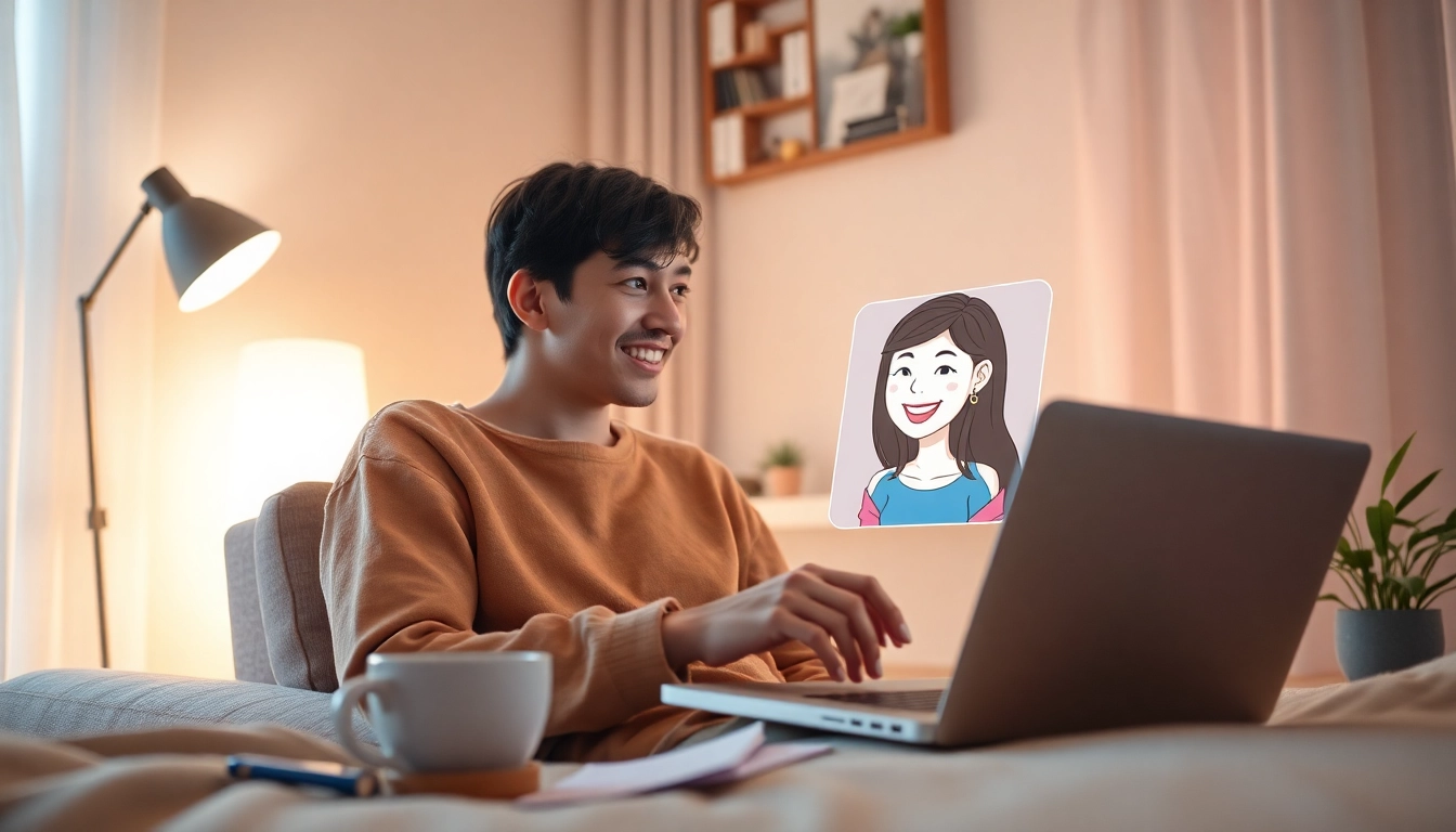 Engage with girlfriend AI through a lively chat on a laptop in a cozy room.