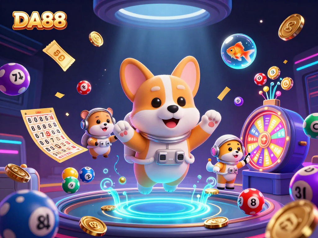 Engage with DA88's vibrant space casino scene featuring playful characters and floating lottery elements.