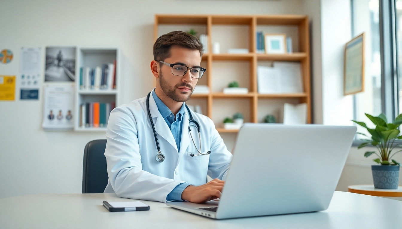 Offering online medical advice from real doctors in a bright, modern consultation room setting.
