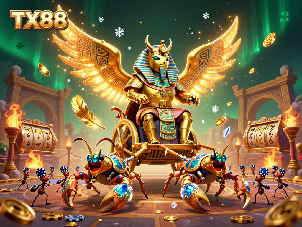 TX88 captures the excitement of slot gaming with a vibrant 3D illustration of a golden scarab beetle and scorpions.