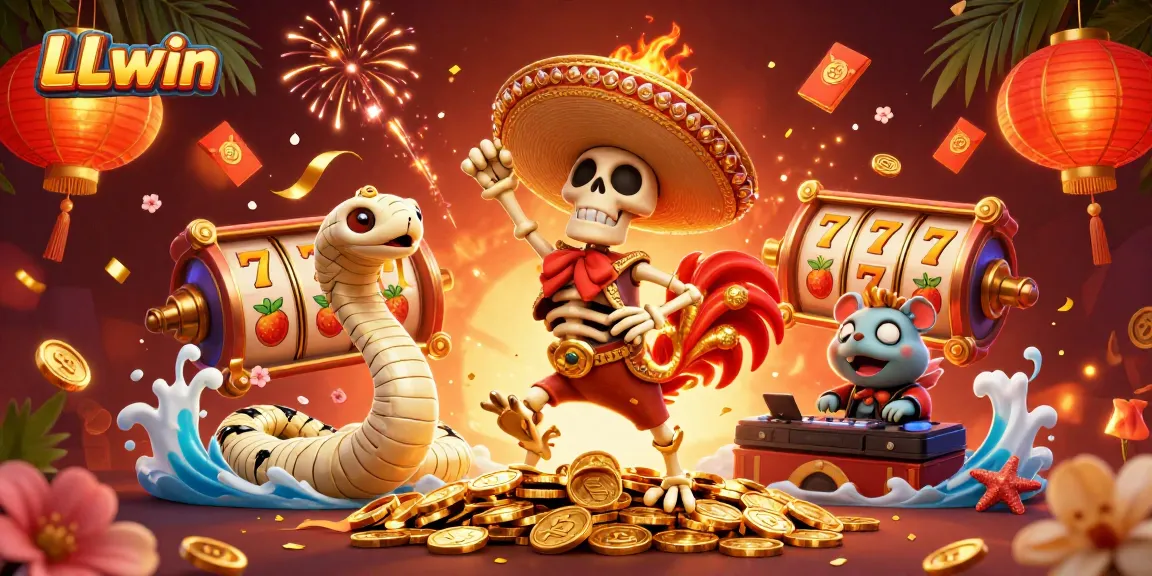 Win big with LLwin at the vibrant online casino, featuring exciting slot reels and dynamic characters.