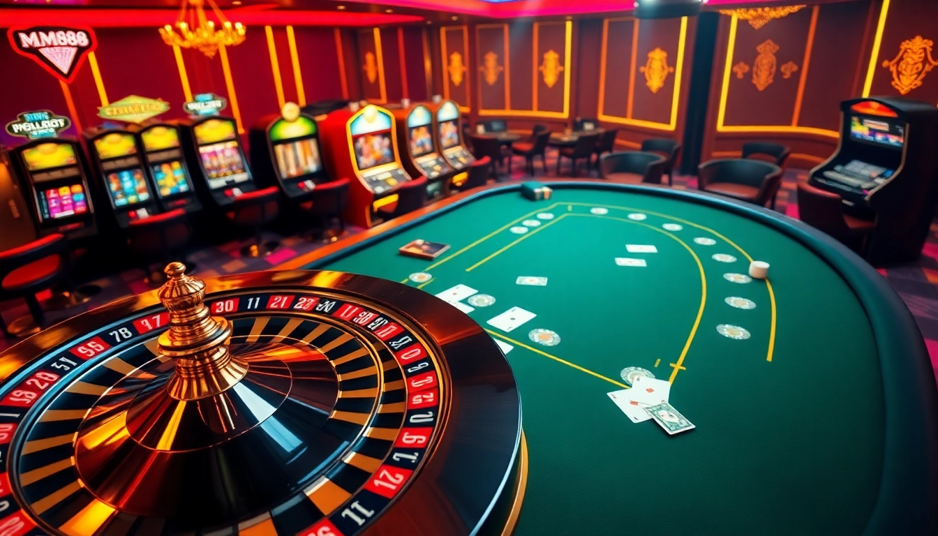 Players engaging with high-stakes games at MM88 casino, showcasing poker, roulette, and slot excitement.