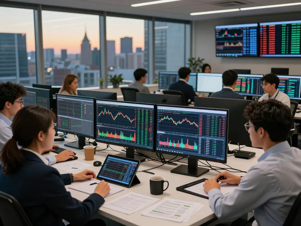 Traders collaborating at https://7mvna.com/ finance office, analyzing market data and strategies in a modern workspace.