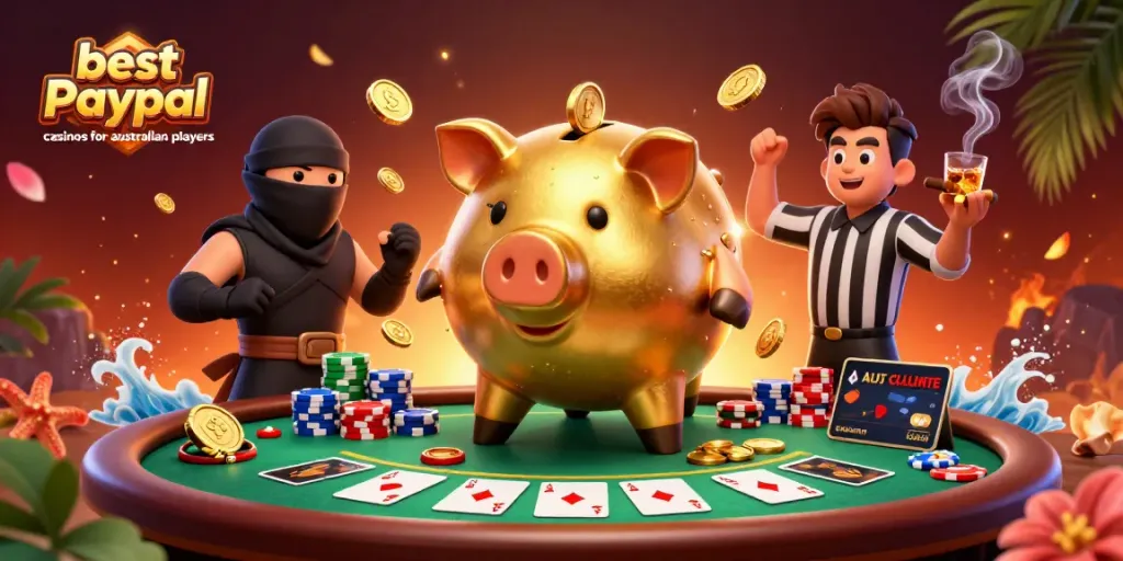 Experience the best PayPal casinos for Australian players with fast deposits and payouts showcased in a vibrant 3D illustration.