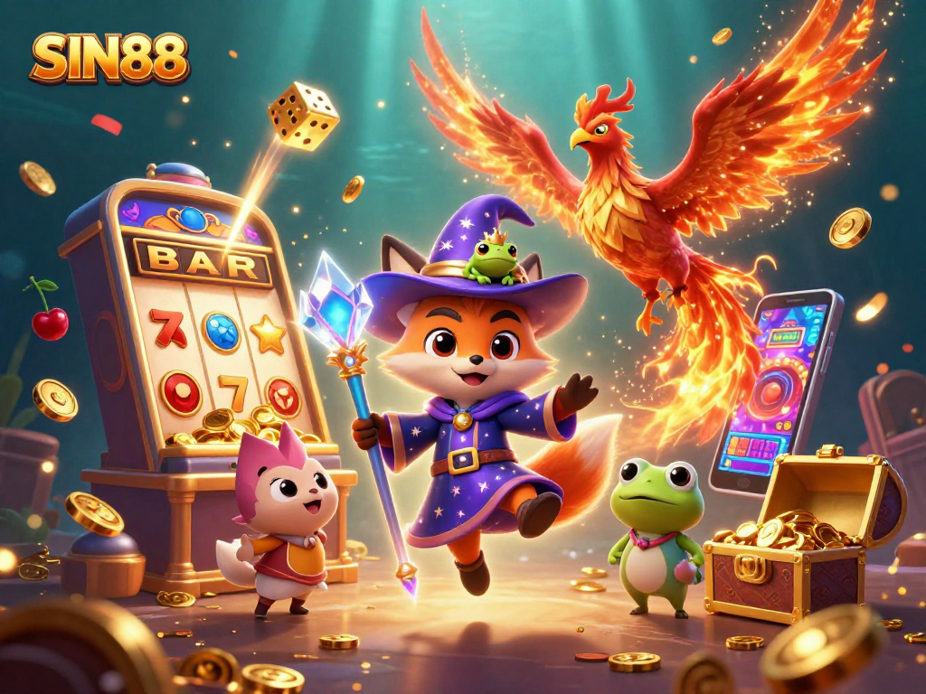 SIN88 reveals magical wins with a wizard fox, phoenix, and casino treasures bursting in a vibrant scene.