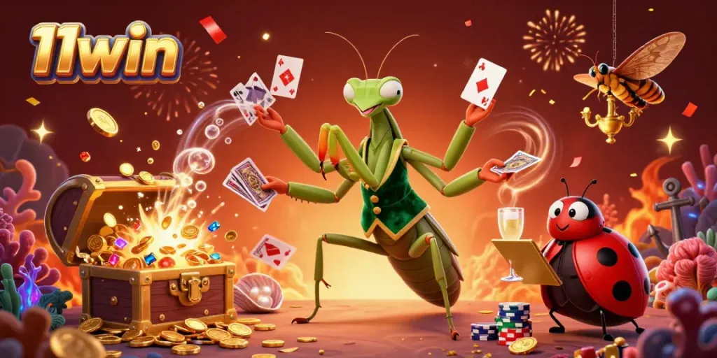 Experience the thrill of 11win as a giant mantis dealer shuffles cards and pours drinks in a vibrant casino scene.