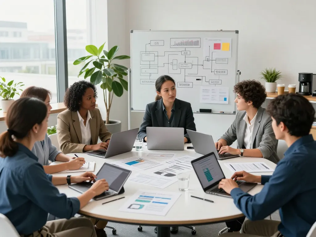 Team collaborating on business strategies at https://fabetbiz.com/ in a modern office.