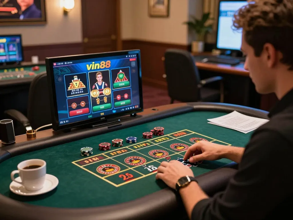 Player enjoying vin88 live dealer games on a tablet, with strategy notes capturing the excitement of online gambling.