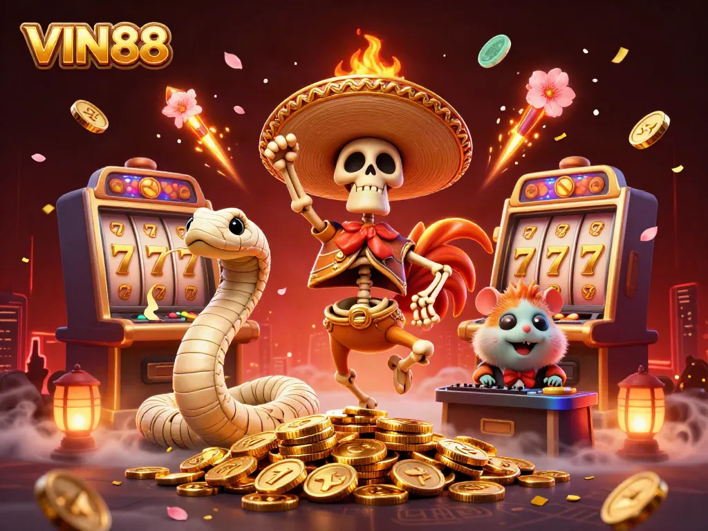 Experience the thrill of winning with VIN88 in this vibrant casino scene filled with exciting elements.
