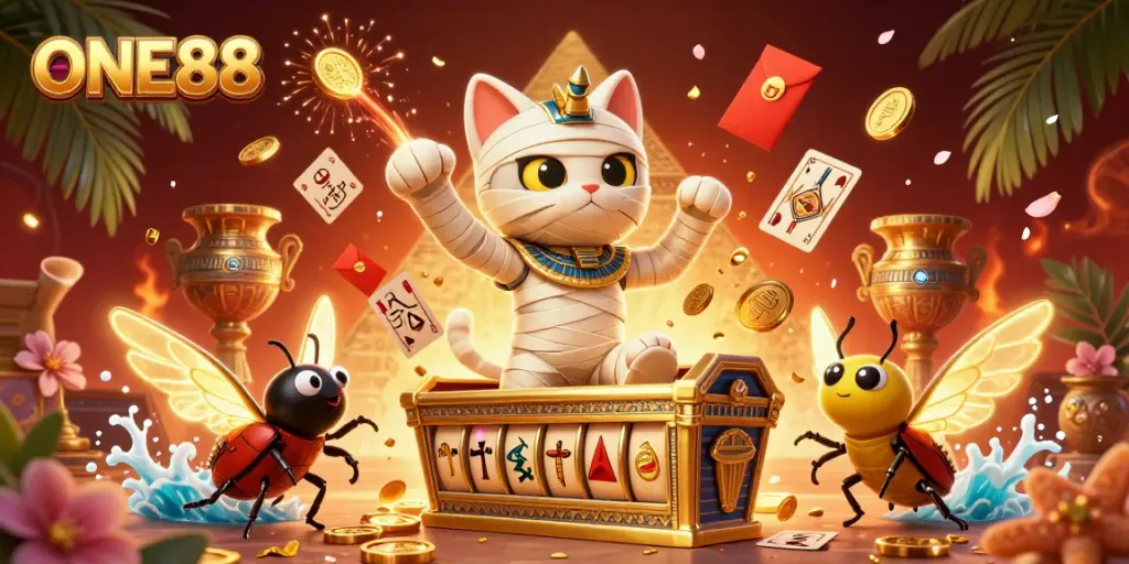 Experience thrilling play at ONE88 with a dynamic scene of a mummy cat and slots in a casino.