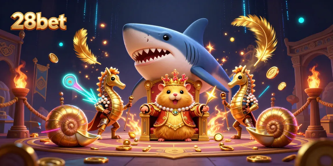 28bet casino scene featuring a golden hamster king on a megalodon tooth throne surrounded by gold coins and gaming elements.