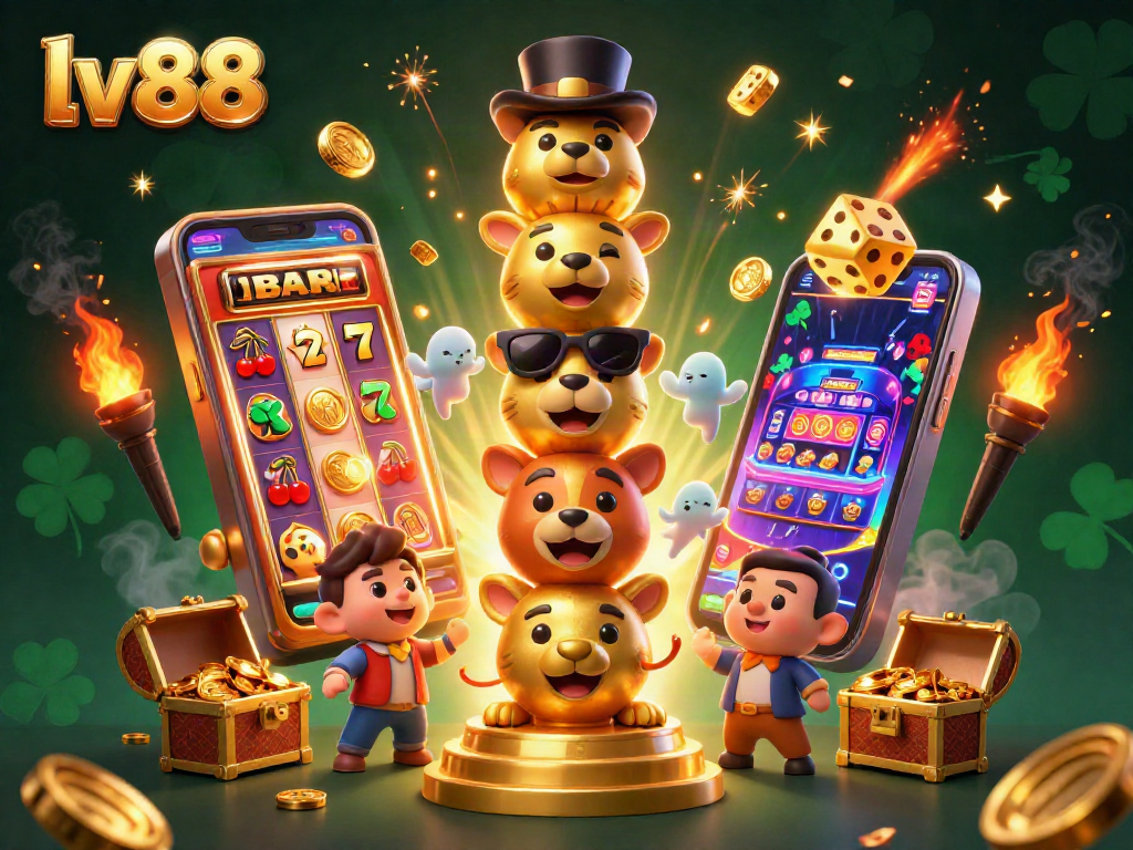 Experience excitement with lv88 as a golden totem pole surrounded by slot machine frenzy and vibrant casino energy.