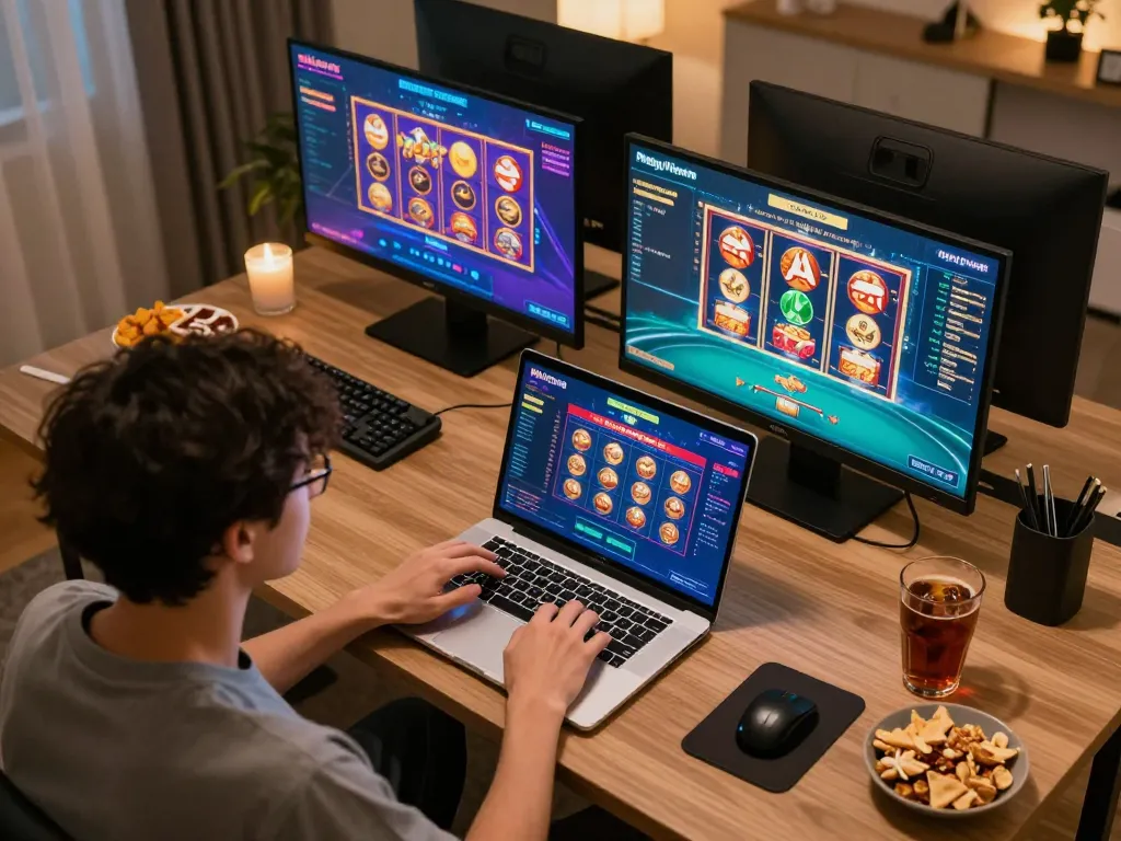 Player engaging with rikvip's online casino games in a cozy home environment, strategic gameplay in action.