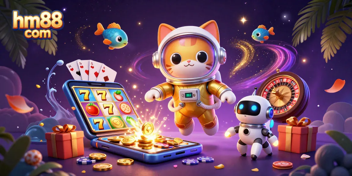 Experience thrilling games at hm88 com with a vibrant 3D illustration of space gaming elements.