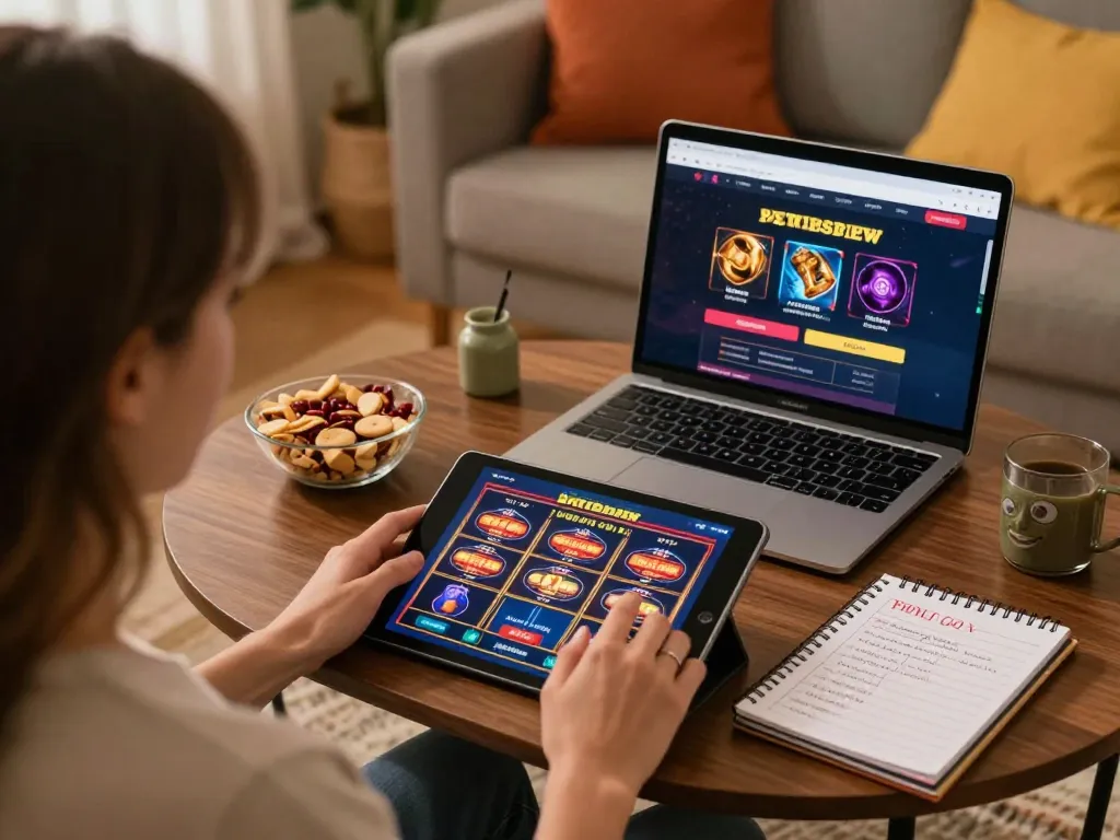 Nohu90 player engaging in online slots from home, showcasing a cozy atmosphere.