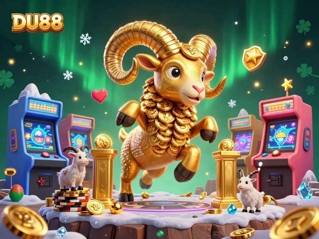 Experience the thrill of DU88 with dynamic golden ram and casino elements in an energetic gaming scene.