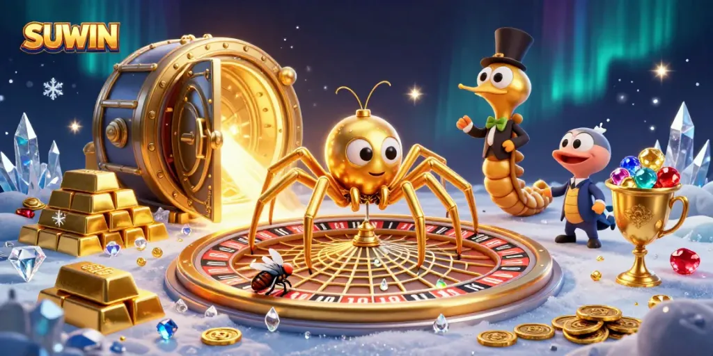 Suwin captures thrilling betting moments with a golden spider, roulette wheel, and glittering treasures.
