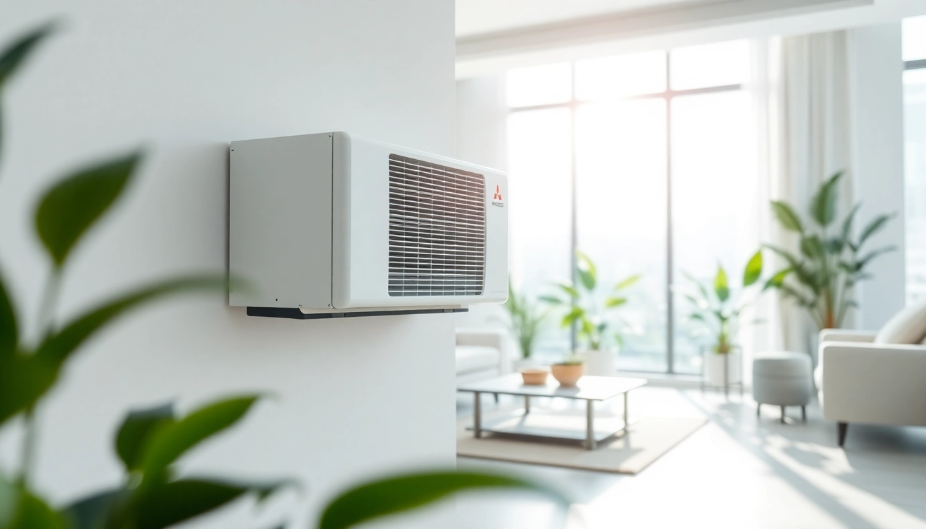 Showcase a Mitsubishi mini split AC in a modern living room for enhanced comfort.